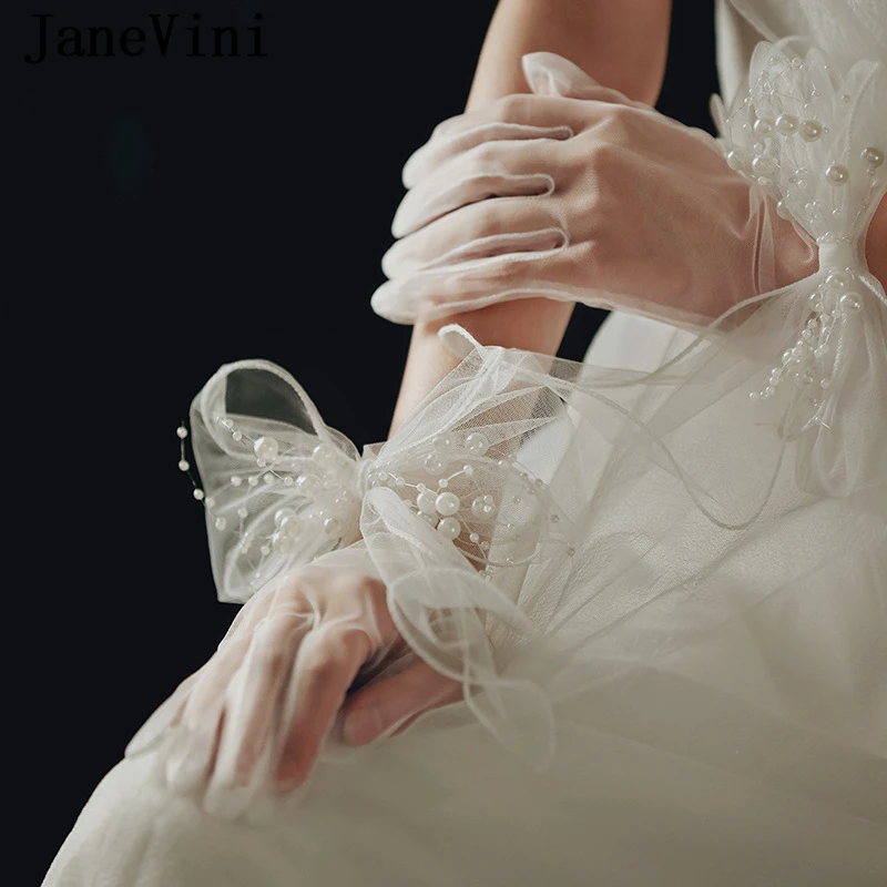 JaneVini-Gants de Mariage avec Nministériels d Perlé pour Femme, Accessoires de ix, en Tulle Blanc Transparent, Courts, pour Patients, Nouvelle Collection 2024