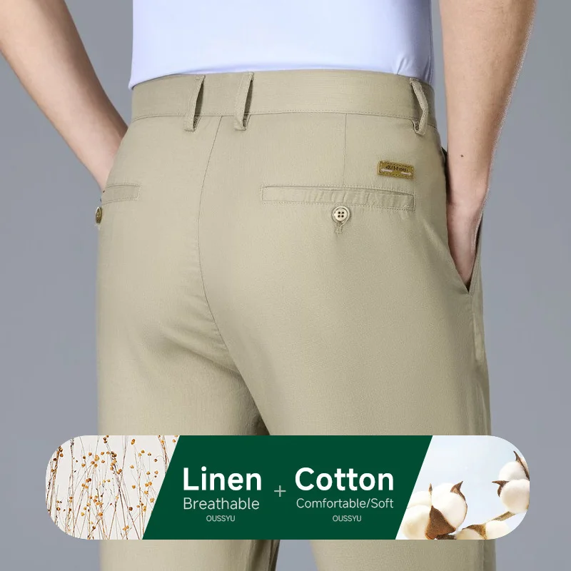 Pantalones de traje de lino y algodón transpirables y finos para hombre, pantalones formales lisos y rectos para negocios, talla grande 35 40 42