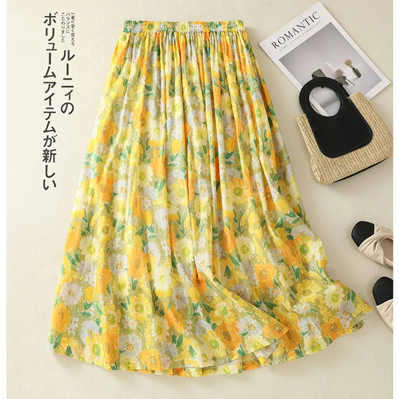 Yellow Floral Cotton Linen Skirt 2026 New Women's Summer Elastic Waist Slim A Word Long Big Swing Skirt