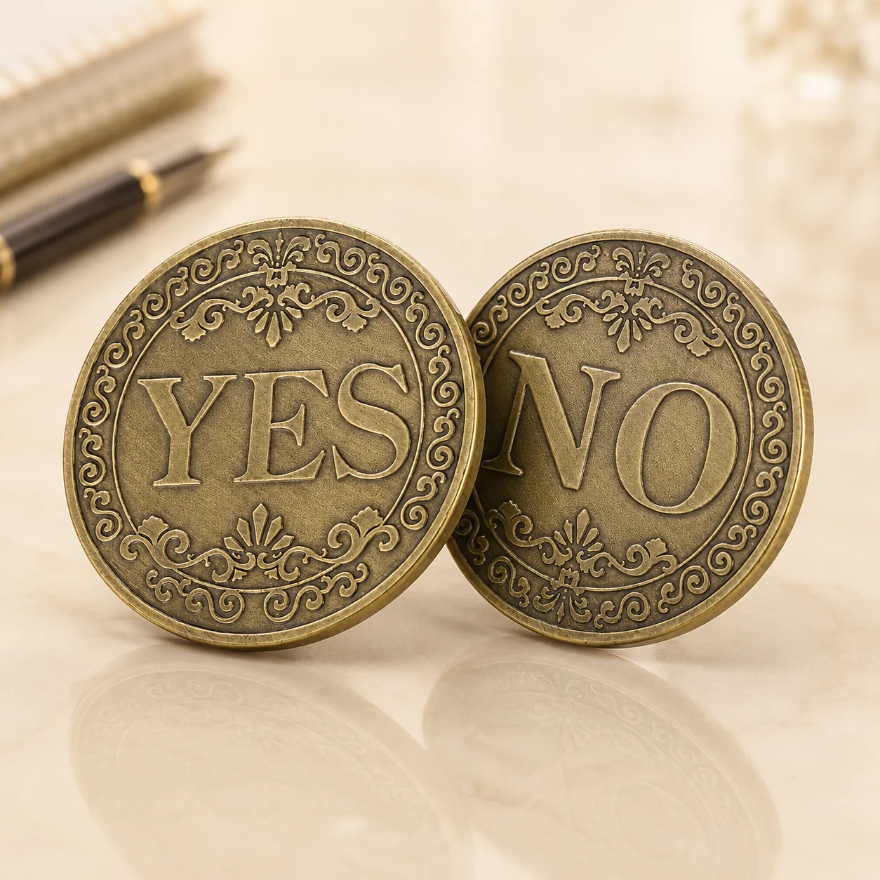 Vintage Floral Yes No Decision Maker Coin, Antique Metal Divination Lucky Collectible Flip Coin Novelty Gift