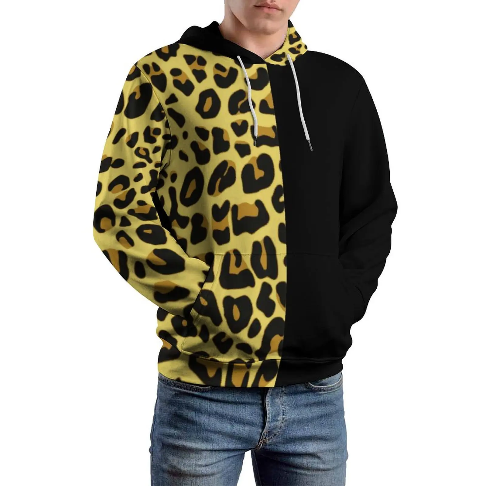 

Gold Two Tone Casual Hoodies Long Sleeve Cute Cheetah Print Harajuku Hoodie Spring Street Wear Pattern Oversized Clothing