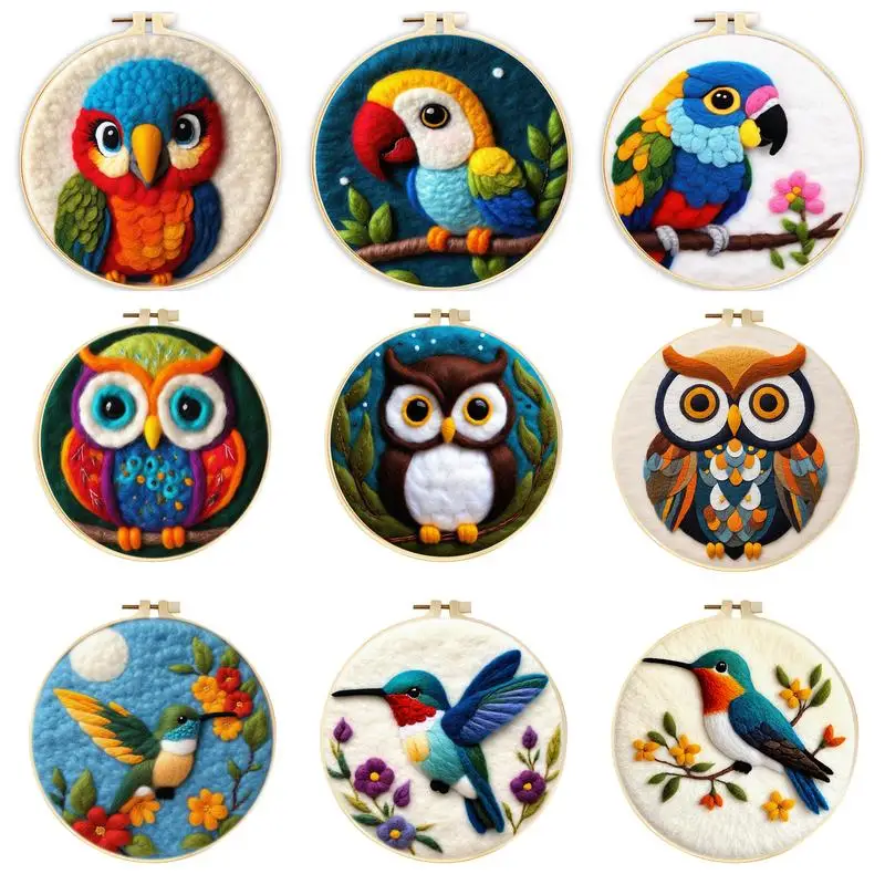 

CHENISTORY Diy Wool Felting Painting With Embroidery Frame 20x20cm Parrot Owl Bird Needle Wool Painting Picture For Diy Gift