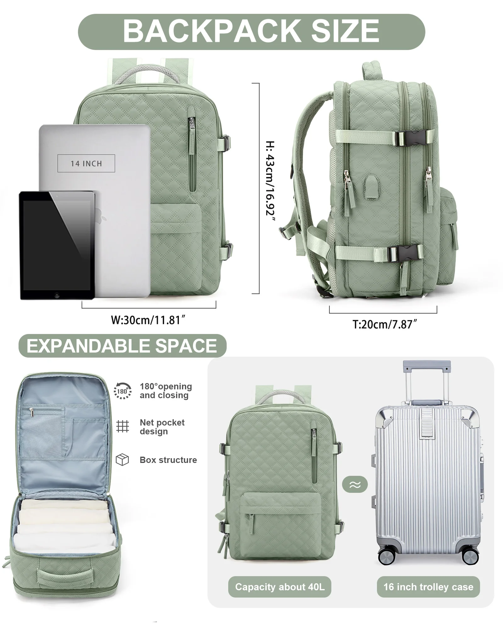 Zaino da viaggio di grande capacità, zaino per Laptop impermeabile da 14 pollici approvato dalla compagnia aerea per l\'escursionismo, il Design