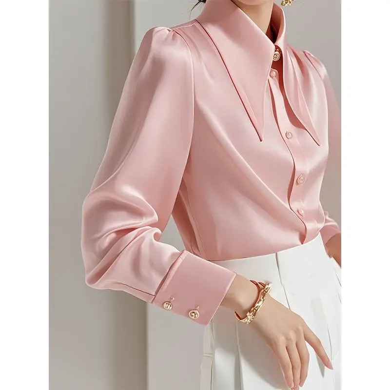 Spring Autumn Fashionable Satin Long Sleeve Blouse Ladies Fashion Buttons Solid Color Turn-down Collar Long Sleeve Shirts Tops