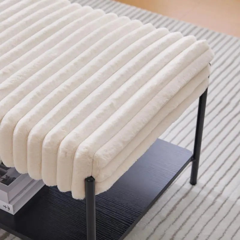 30.7" Wide Upholstered Ottoman Coffee Table with Black Metal Legs, Footstool featuring Wooden Open Storage Shelf, Faux Fur