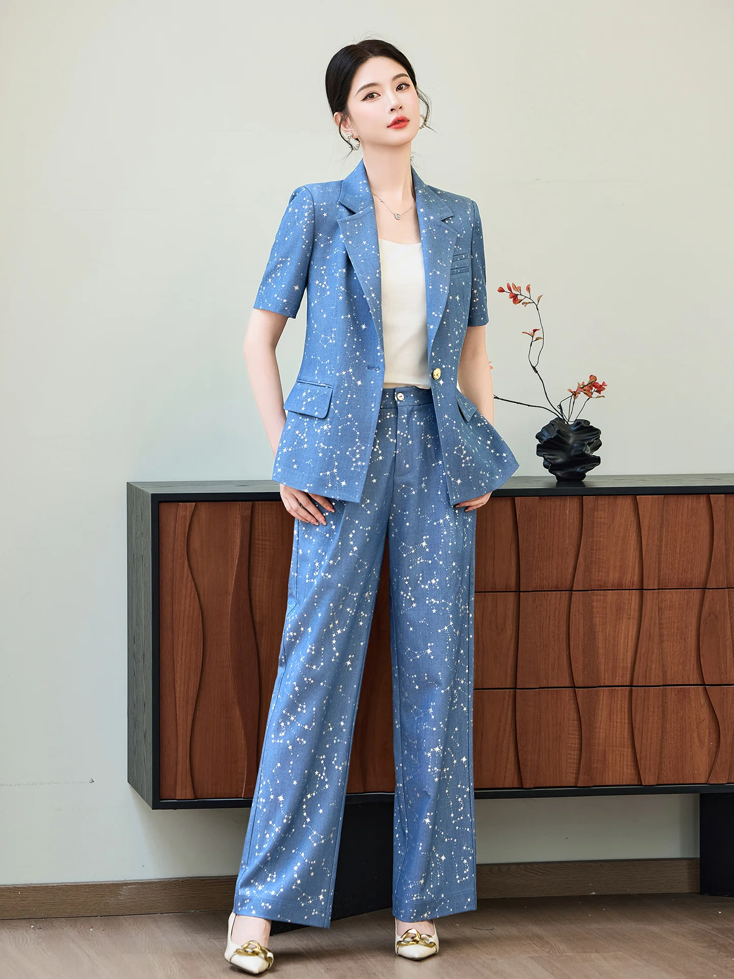 Fashion Blue Yellow Short Sleeve Professional Suit Women New Summer Elegant Formal Slim Blazer And Pants Office Ladies Work Wear view 4
