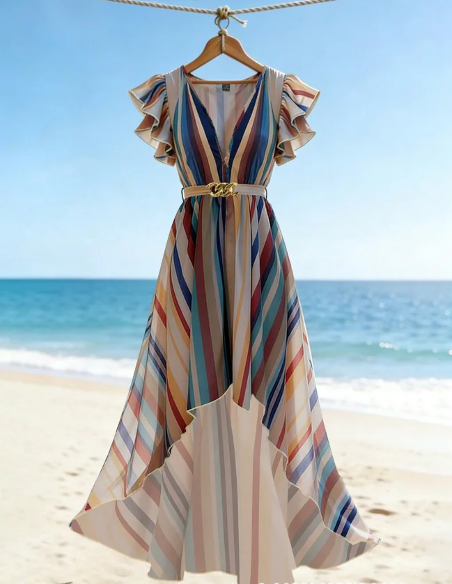 

Women Dress 2026 Spring Summer New Retro Color Striped Chiffon V-Neck Short Sleeve Slim Fit Irregular Hem Beach Maxi Dress