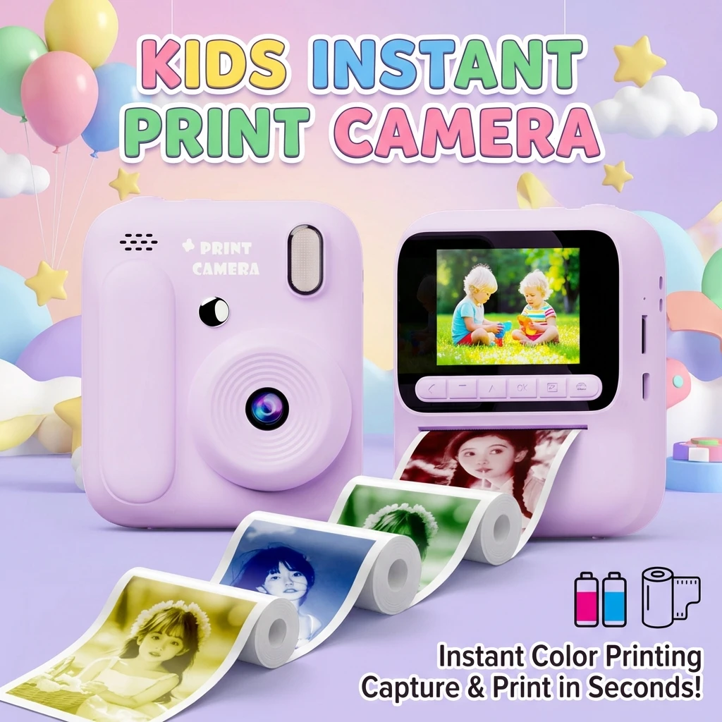 

Детская камера мгновенной цветной печати, цветная камера с термопечатью, фото 1080P, игрушечная камера, видеоигры, забавная игрушка для детей, мальчиков и девочек, подарок