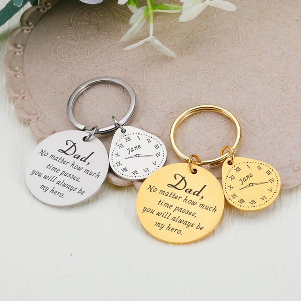 Stainless Steel Custom Dad Hero Round Key Chain 4 Colors Engraved Name Clock Key Ring Father Birthday Father’s Day Present