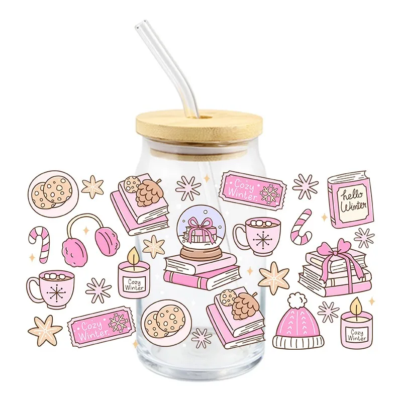 3D New Books Patter UV DTF Transfer Sticker Libbey 16oz Glass Cups Wraps Coffee Mug Decals Xmas Party Home Decorations