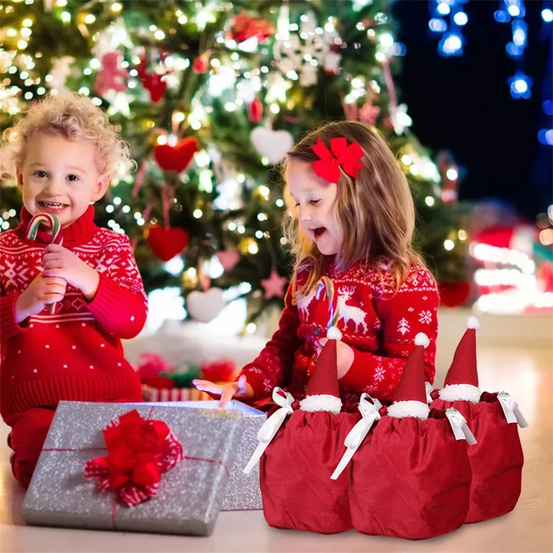 Bolsa de regalo de Navidad, sombreros de Papá Noel de terciopelo rojo, bolsas con cordón, embalaje de regalo para galletas y dulces, bolsas de almacenamiento de joyería