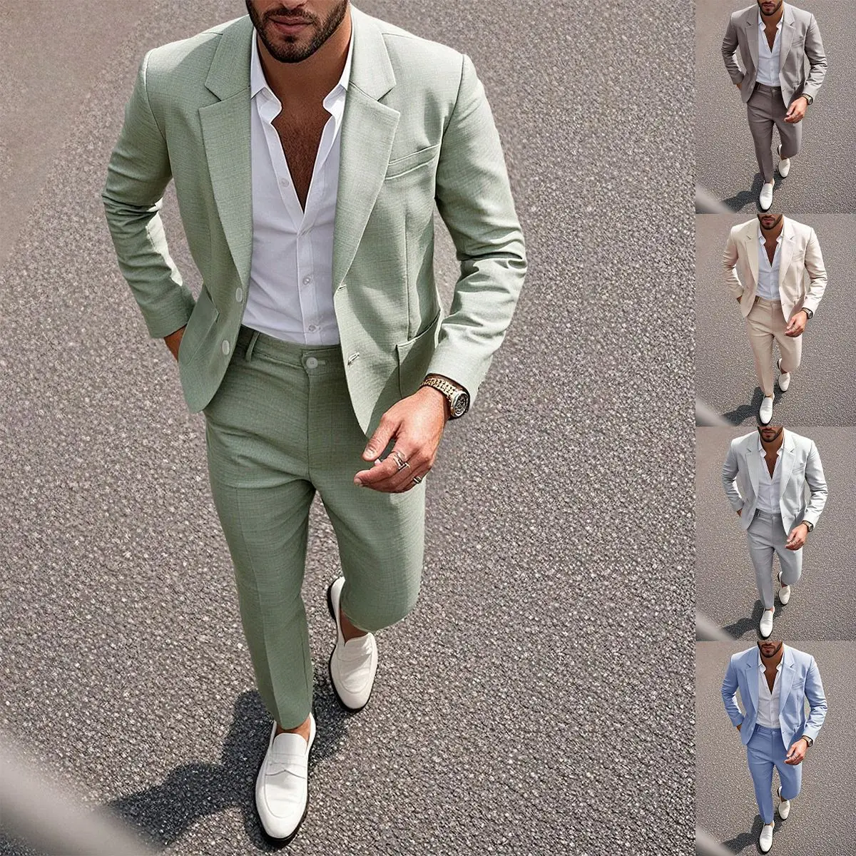 Picture 7: Fall Men's Two-piece Suit Set: A Green Business-casual Jacket Paired with Slacks, Perfect for Weddings and Parties.