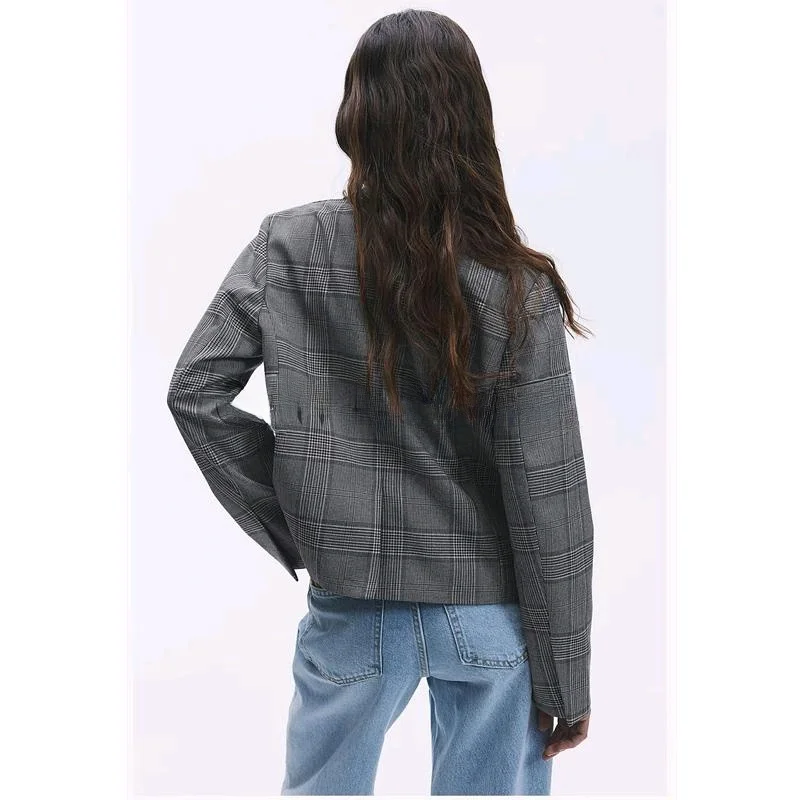 Lente nieuwe collectie dames casual lange Sve V-Ne enkele knop pak Jaet woon-werkverkeer Sle losse pasvorm ort lengte geruite pat...