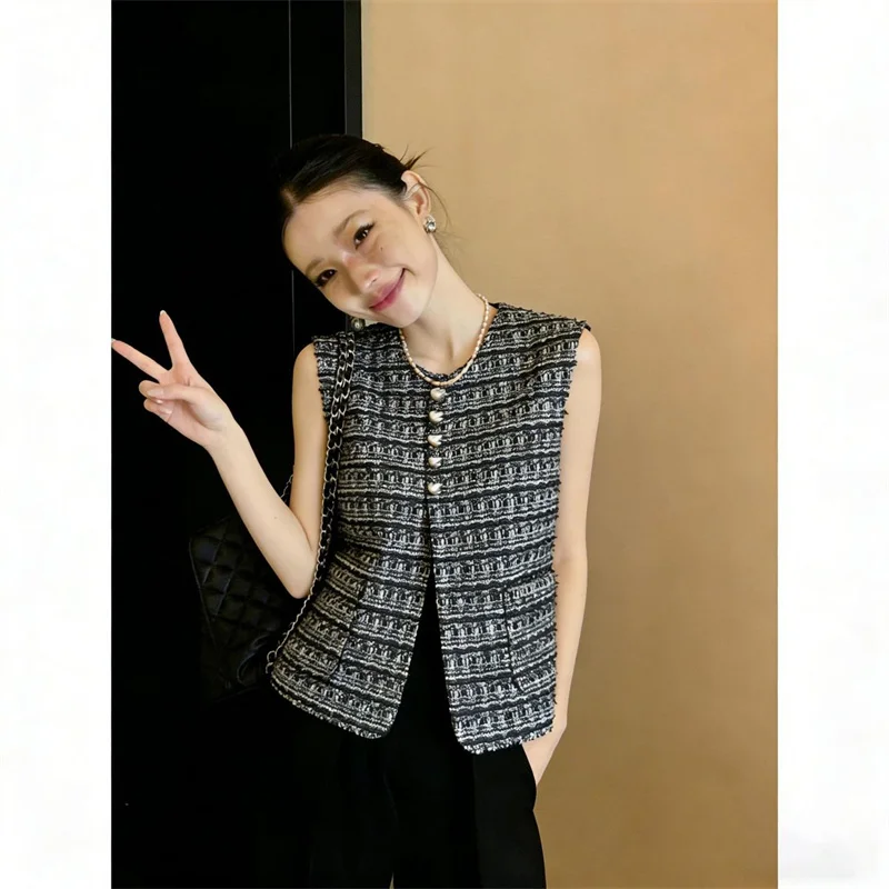 Women's Vest Small Fragrant Style Round Neck Sleeveless Vest Jacket Women's Spring Autumn Outdoor Wear Camisole Top Female