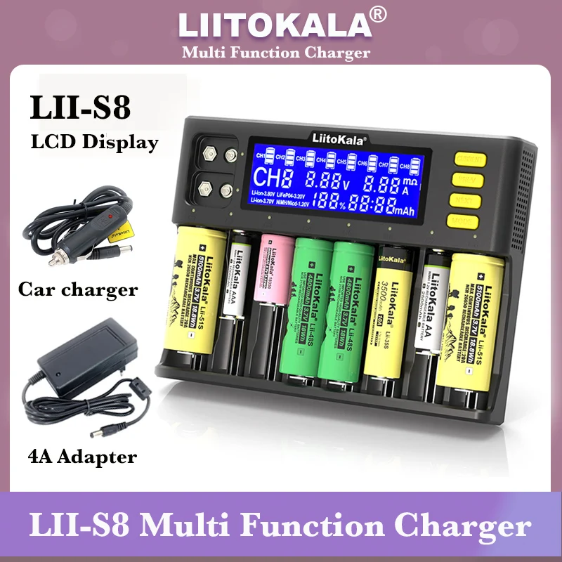 LiitoKala Lii-S8 ładowarka Li-ion 3.7V NiMH 1.2V Li-FePO4 3.2V IMR 3.8V ładowarka do 18650 26650 21700 26700 AA AAA