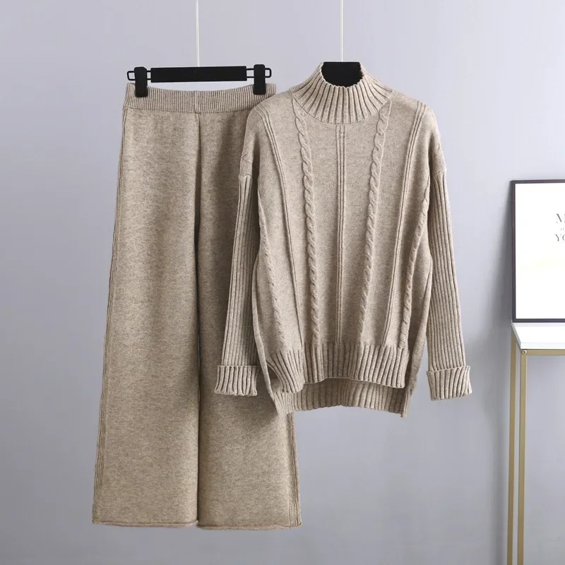 

Knit Sweater Set for Women Two Piece Set Tracksuit Autumn Winter Matching Sets Turtleneck Sweater Elastic Trousers Suits Knitted
