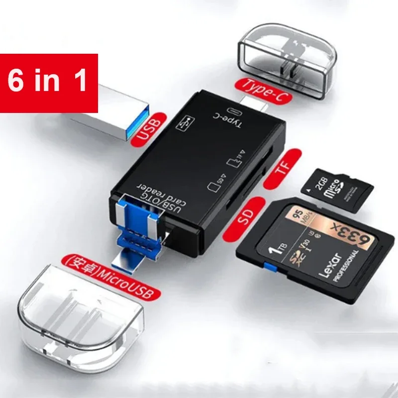 Pembaca kartu SD, pembaca kartu USB C pembaca kartu 6 In 1 USB 2.0 TF/Mirco SD cerdas pembaca kartu memori Tipe C OTG Flash Drive adaptor pembaca kartu