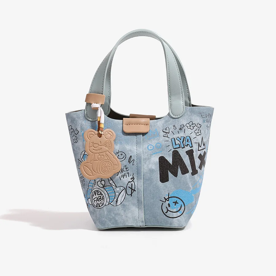 High Quality Brand Cute Graffiti Teddy Bear Printed Bucket Bag Fashionable and Versatile Trendy Single Shoulder Crossbody Bag