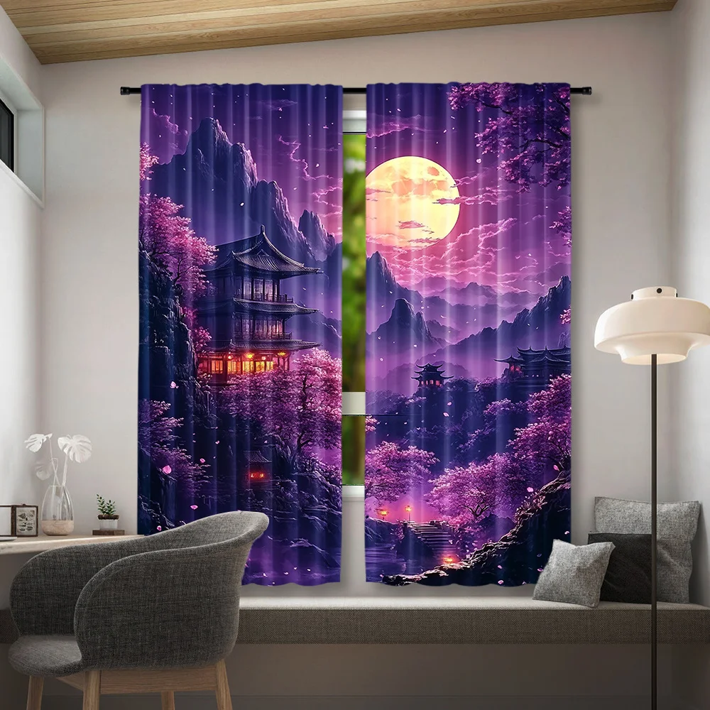 Purple Night Cherry Pagoda Curtain 2 Panels, Full Moon Ancient Pavilion Glowing Landscape Print, Drapes Bedroom Oriental Curtain