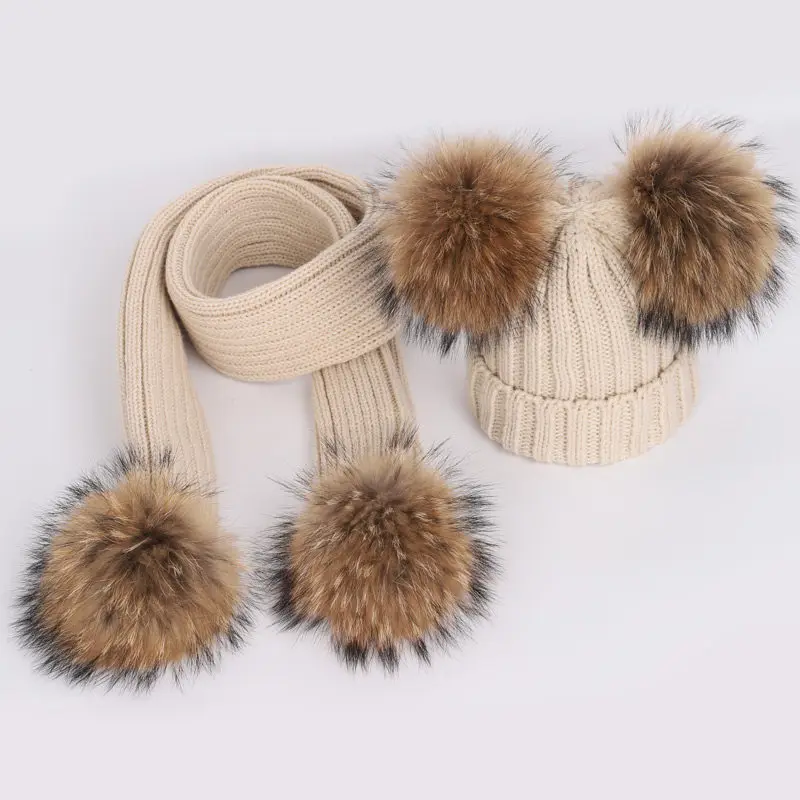 Real Raccoon Fur Balls Kids Knitted Hat Scarf Sets Autumn Winter Thicken Warm Boys Girls Hat Bib 2Pcs Suits