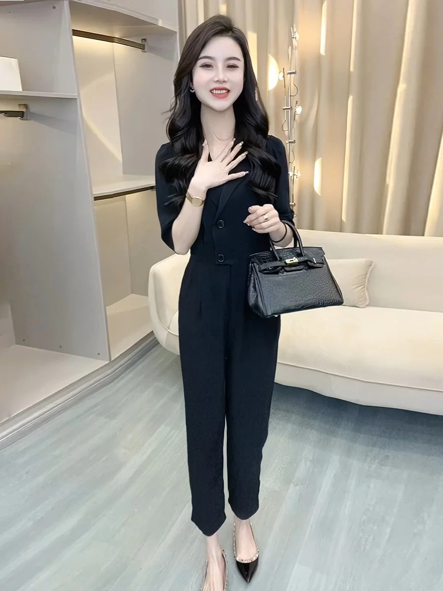 

Модный свободный комбинезон с широкими штанинами для женщин, с высокой талией, в корейском стиле, для повседневной носки, с декоративными элементами, прямого кроя, повседневные брюки