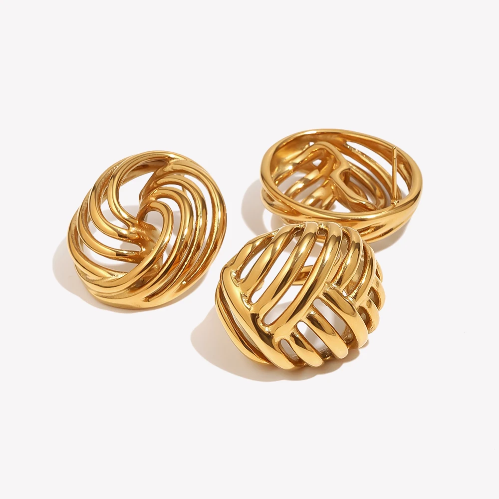 E.B.belle Chunky Twisted Swirl Hollow Out Earring Ring Set 18K Gold Plated Stainless Steel Rings Fashion Retro Women Jewelry