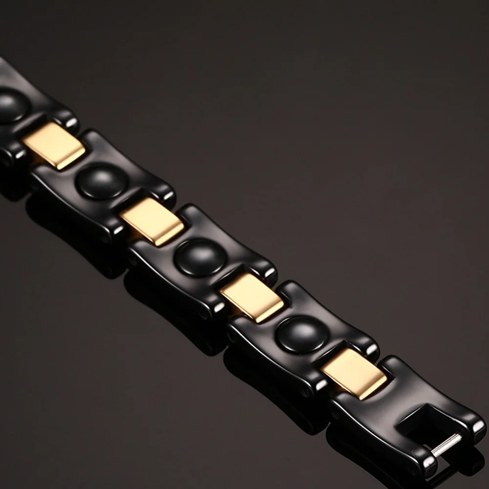 Vinterly Chain Bracelet Black Gold-color 7mm Ceramic Health Energy Magnetic Hematite Bracelets for Women Jewelry Waterproof