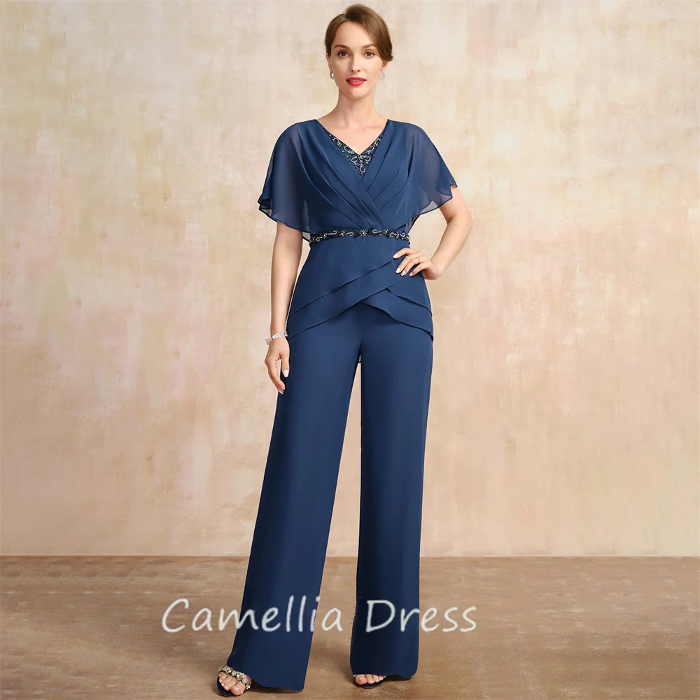 New V-Neck Mother Of The Bride Dress Jumpsuit Floor-Length Chiffon Beading Formal Dresses Vestidos Mae Da Noiva Casamentos