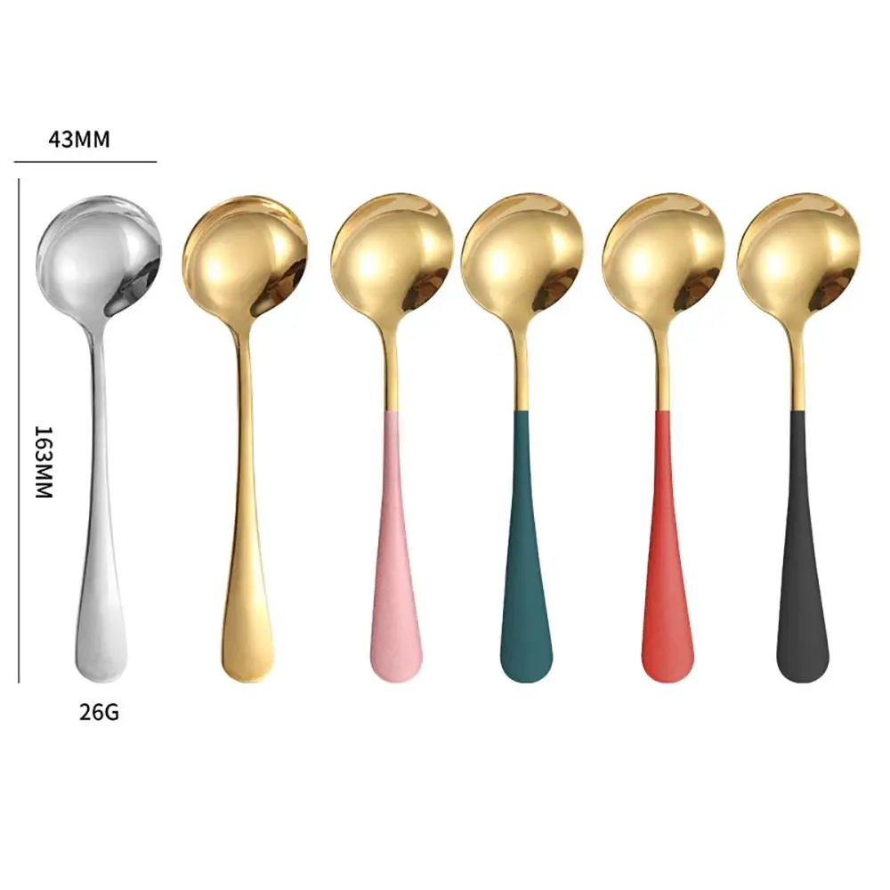 1Pcs 17cm Stainless Steel Round Soup Spoons Coffee Stirring Spoon Tableware Dessert Spoon Dishwasher Safe Kitchen Tool