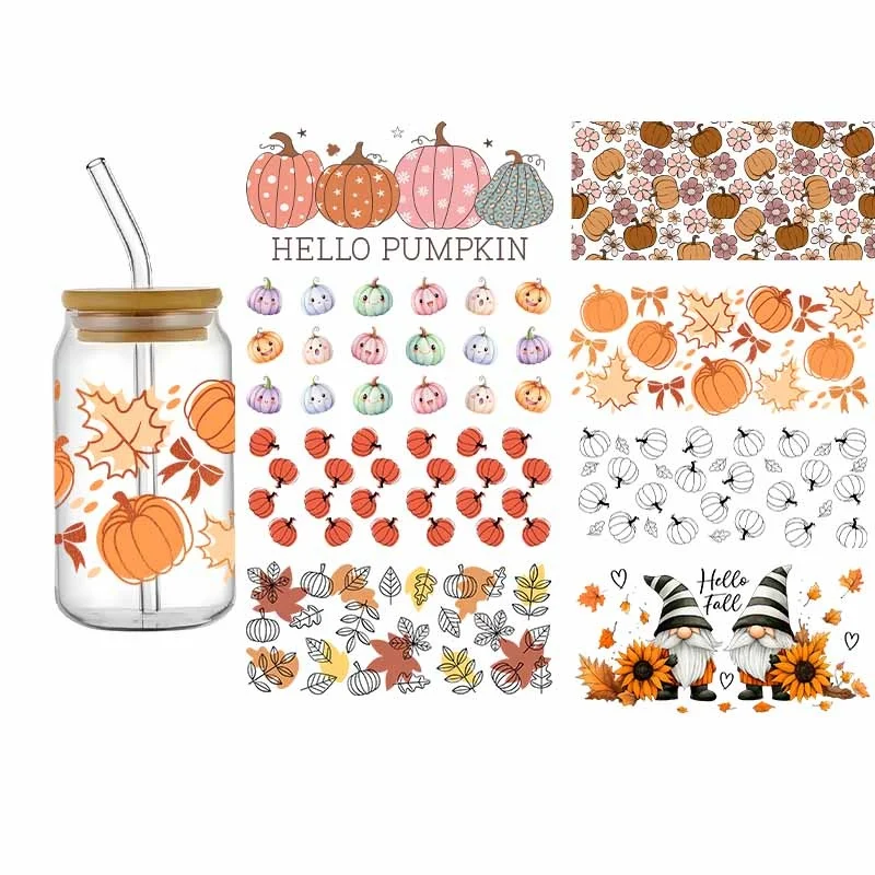 3D Fall Pumpkin UV DTF Cup Wrap For 16oz Libbey Beer Glass Can Pretty Maple Leaves Waterproof Cup Wrap Design UV DTF Sticker