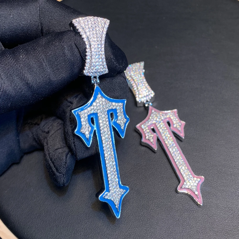 New Iced Out Sparking Bling 5A Cubic Zirconia Pink Blue Luminous Cross Pendant Fit Tennis Chain Necklaces For Women Men Jewelry