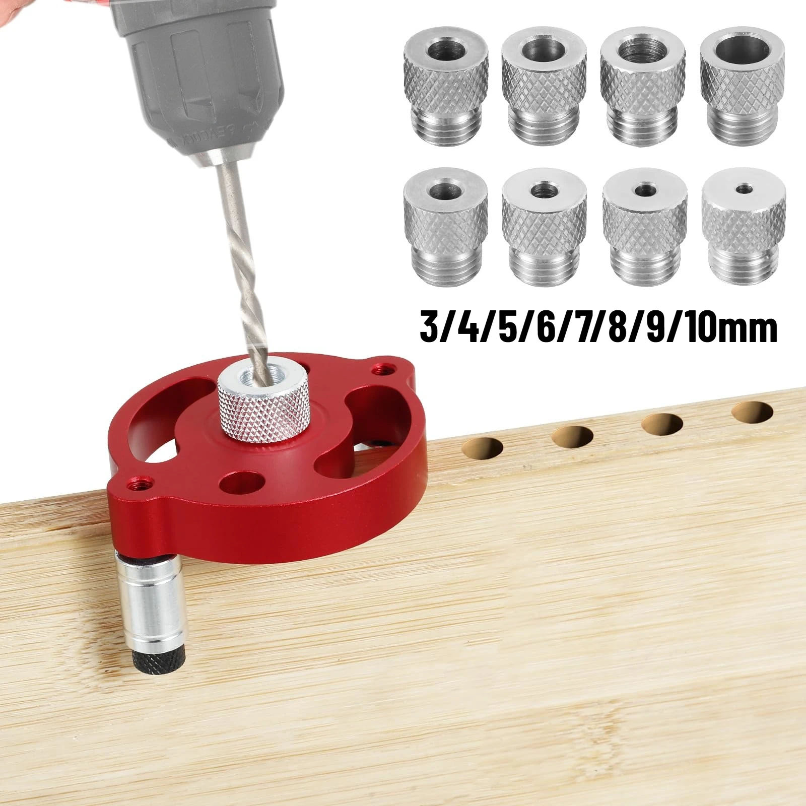 

Self Centering Straight Hole Drilling Positioner Aluminum Alloy Center Finder Jig 3/4/5/6/7/8/9/10mm Drill Bushing Woodworking