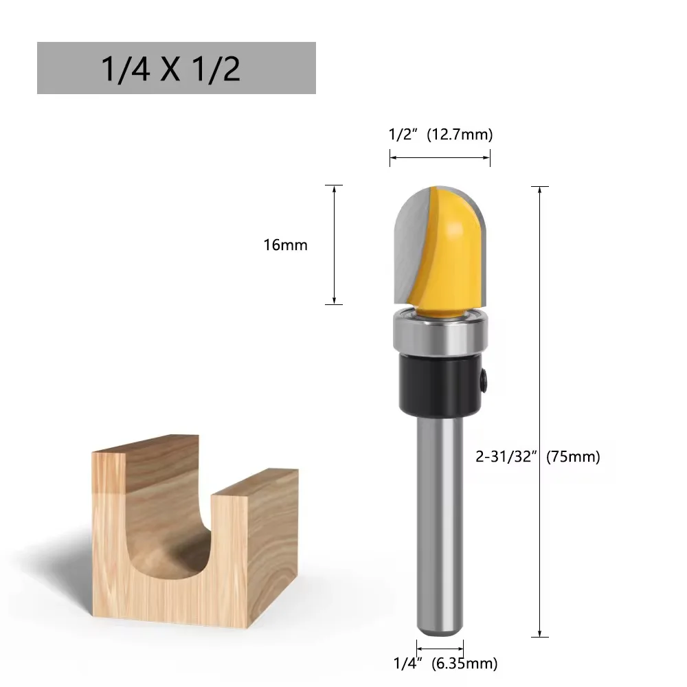 

1pc Bearing Deep Round Bottom Cutter Woodworking Milling Cutter With 1/4 Shank Imitation Double Arc Round Bottom Line