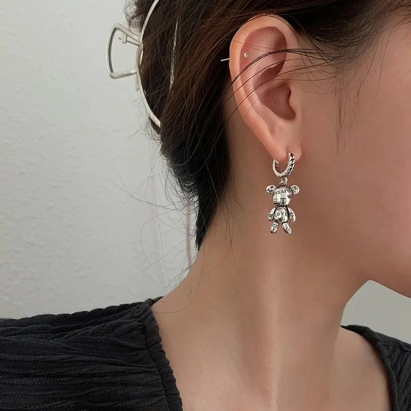 Prevent Allergy 925 Sterling Silver Hoop Earrings Vintage Accessories Little Bear LOVE Heart Asymmetric Party Jewelry