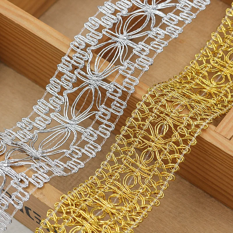 5 ياردة الذهبي الفضة الحرير جديلة الدانتيل تقليم 35 مللي متر متموجة المنسوجة شريطة من الدانتيل تخريمية الأعرج جديلة تقليم للمنزل الستار المفروشات #1