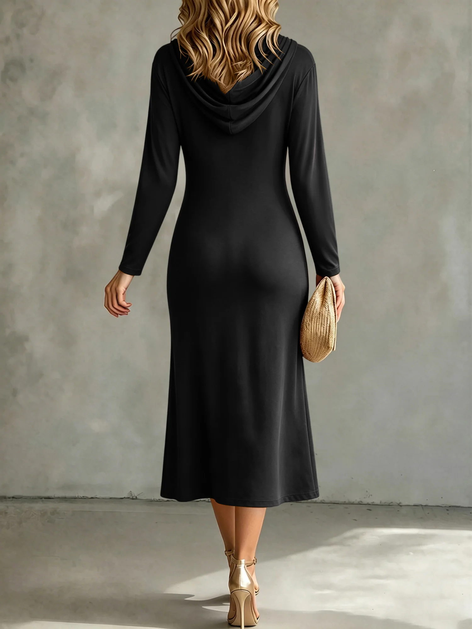 Trendy Hoodie‑Style Maxi Dress, Smooth Stretch Fabric, Flow A‑Line Flared Skirt, Night Casual Outing & Shopping Day Wear