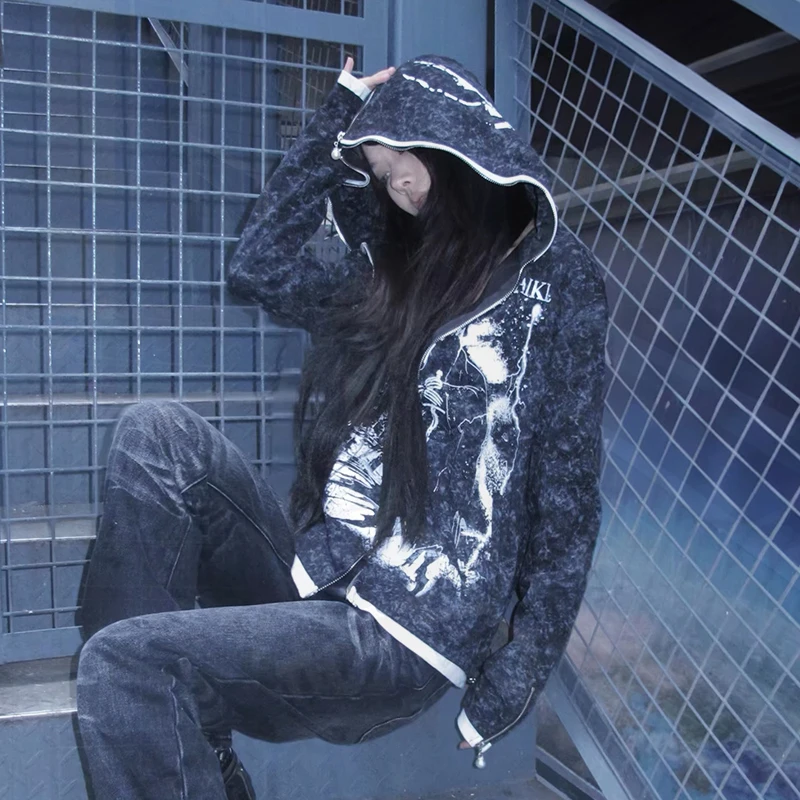 Karrcat grunge estética tatuagem impressão jaqueta vintage y2k angustiado com capuz outerwears trashy 2000s estilo zíper casaco americano