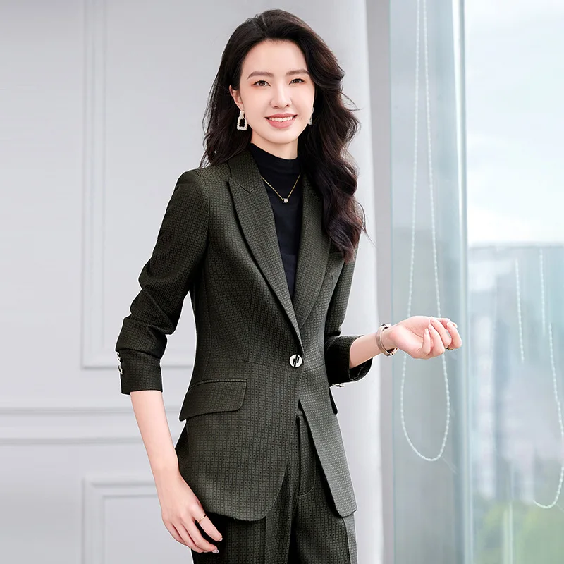 High Quality Women Wine Red Pant Suit Female Plaid Single Button Blazer and Trouser 2 Piece Set For Office Ladies Work Wear