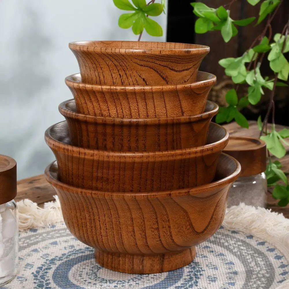 190/240/300/425/475ml Wooden Bowl Anti-scalding Round Small Bowl Thickened Gentle Hand Feeling Food Bowl High-footed Rice Bowl