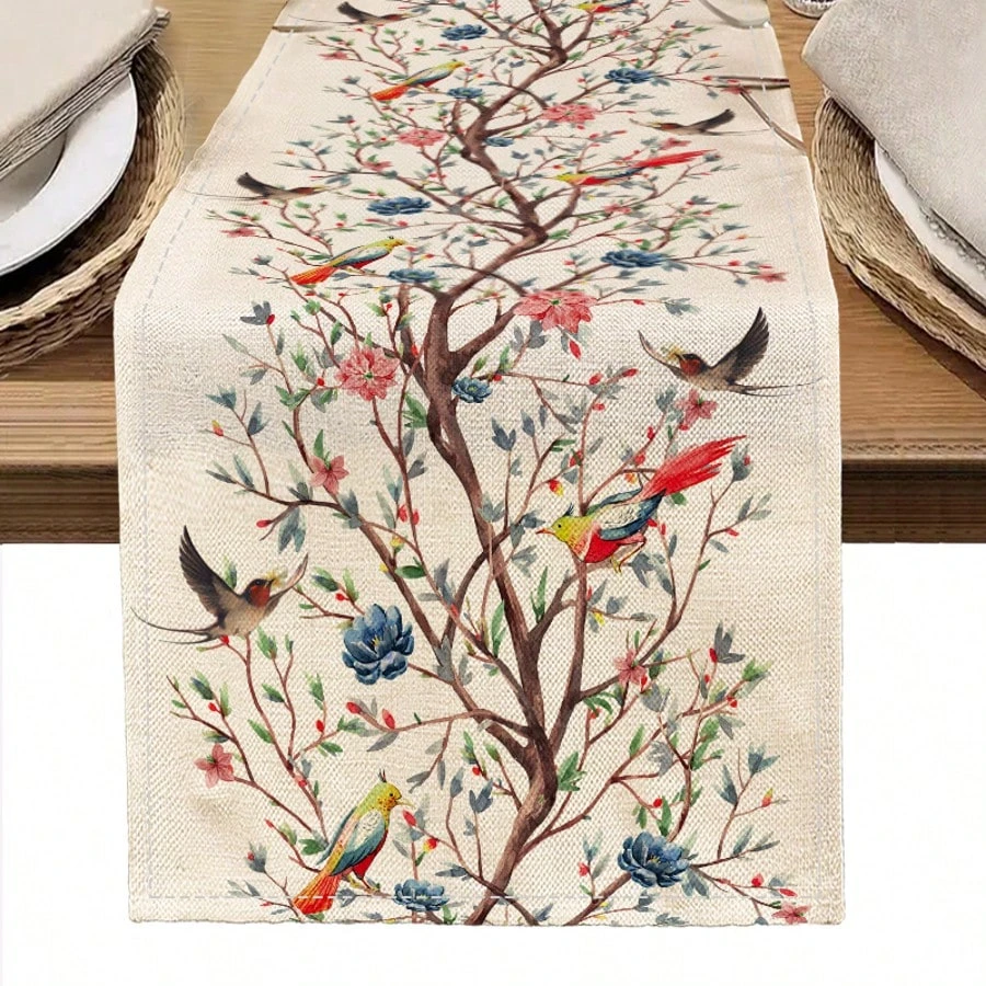 JIT Bird Tree Floral Table Runner 2D Flat Print Vibrant Home Decor Dining Room Table Runner Charming Functional Cheerful Lively