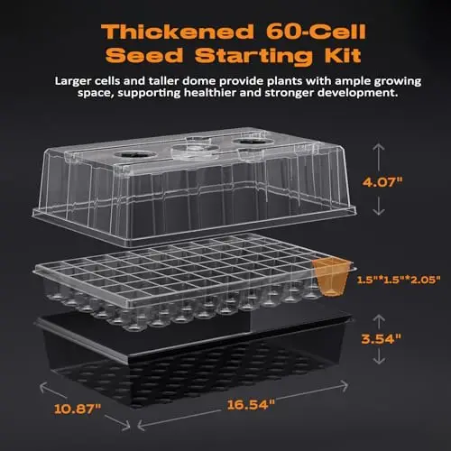 

Thickened 60-Cell Seed Starting Tray With Self-Watering Base, 4.07″ Humidity Dome And LED Grow Light For Indoor Germination