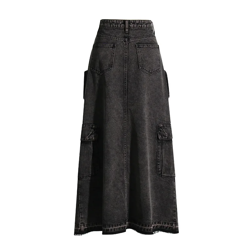 HKSH Spring Autumn New Women Denim Skirt Multi-pocket Split A-line Cersatile Vintage Streetwear Safari Style Chic Skirts HK13648