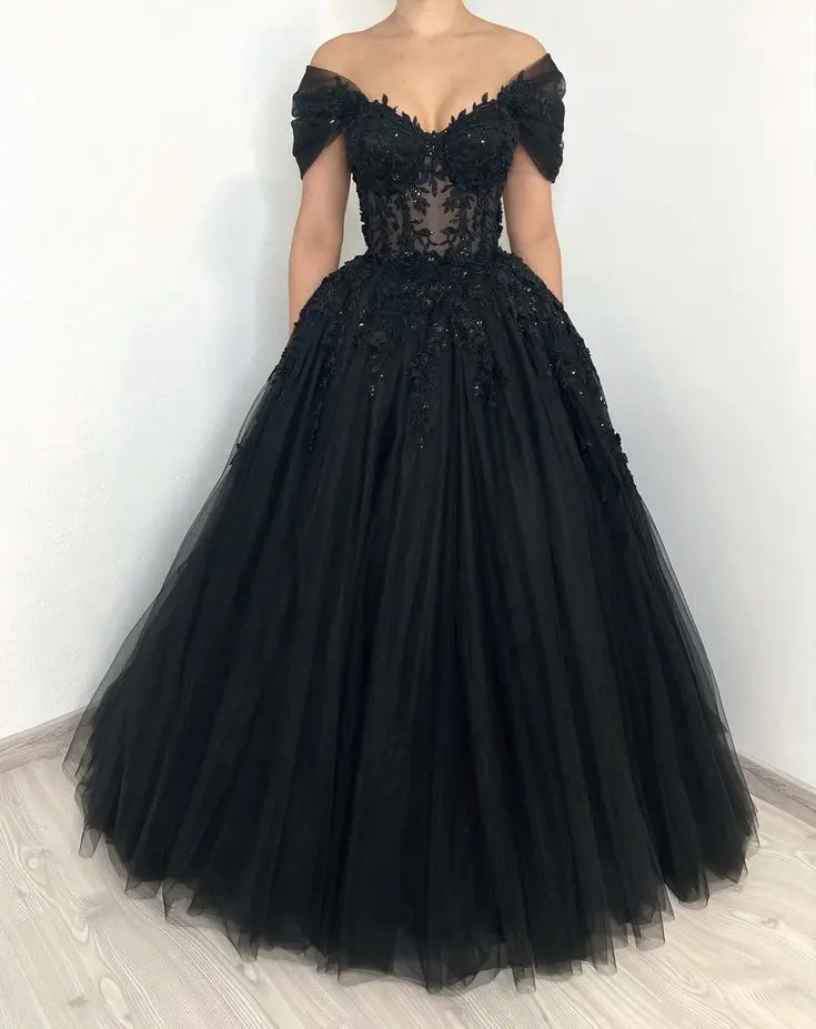 

Black Evening Dress 2024 Beaded Lace Applique Off Shoulder V Neck Tulle Ball Gown Long Sweep Train Prom Gowns Elegant Woman