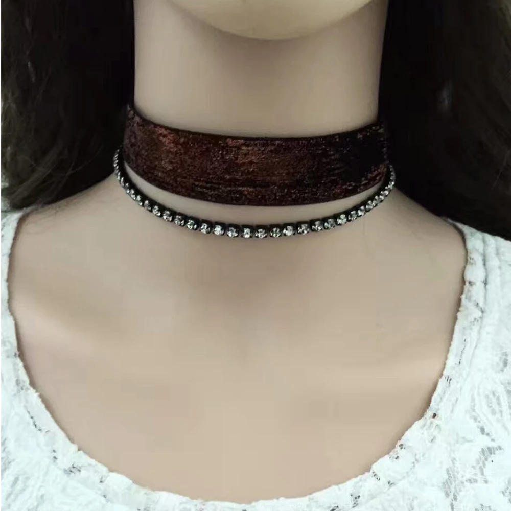 Black Brown Leather Velvet Rhinestone Chain Double-layer Choker Necklace for Women European American New Fashion Neck Jewelry