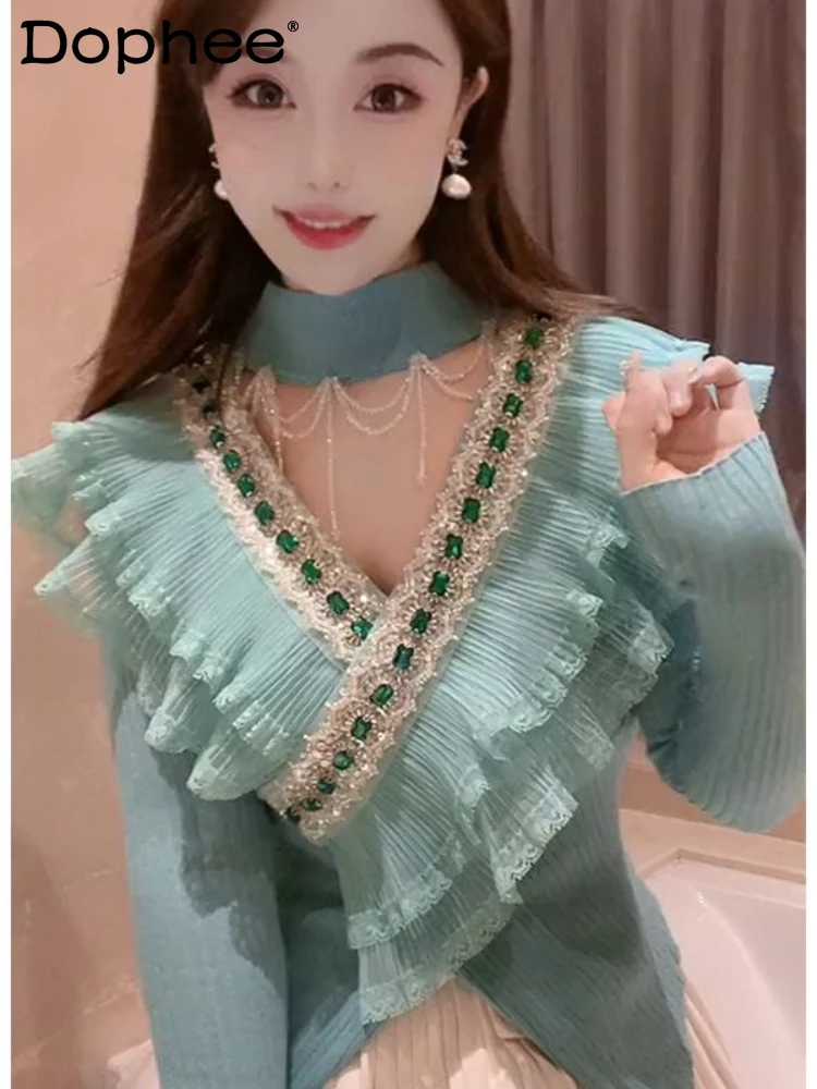 

Heavy Industry Beads Tassel V-neck Knitted Top Women 2024 Spring Autumn New Diamond Sweet Lotus Leaf Long Sleeve Pullover Tops