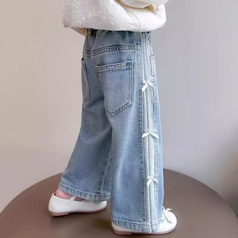 

Stylish Girls Bow Jeans Spring and Autumn New Baby Girl Casual Denim Straight Pants Children's Elastic Waist Trousers