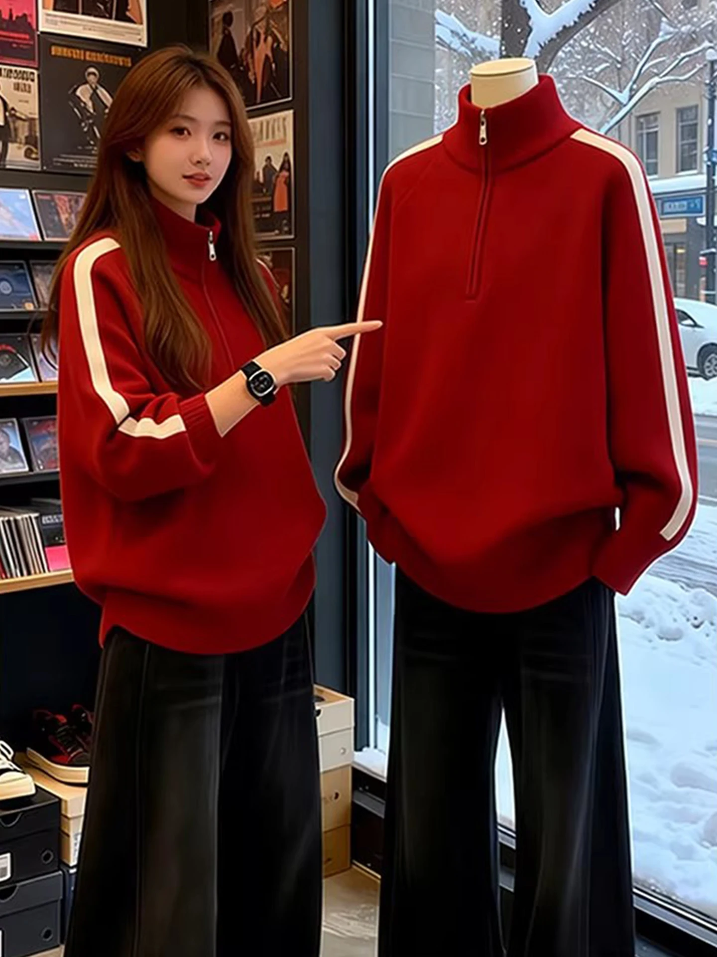 

Красный вязаный свитер с высоким воротником и молнией для мужчин, осенне-зимний, теплый, базовый слой, вязаная кофта в стиле Lazy Sle