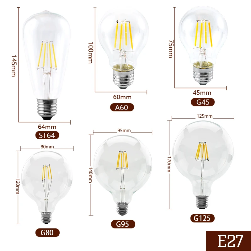 エジソンE27電球,6ピース/ロットLED,キャンドル電球,e14 c35,e27,A60,st64,g95,g125,ac220v,2w,4w,6w,8w