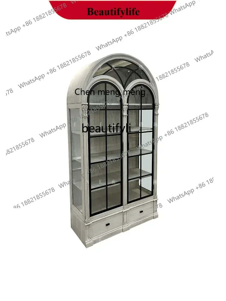 D178 Y American arched wine cabinet French solid wood retro old semi-circular glass door high-end side cabinet