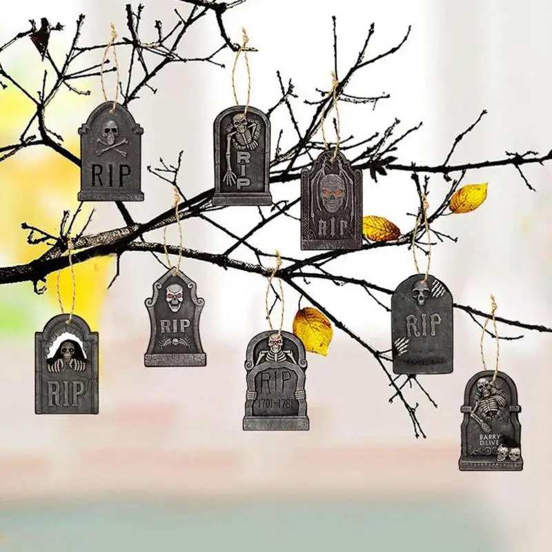 16pcs Horror Halloween Signs Pendant Halloween Decorations Graveyard Tombstone Cemetery Signs Horror Atmosphere Mini Tombstones